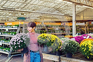 Young Woman holding potted yellow and pink chrysanthemum daisy flowers at garden shopping center. Autumn ideas of outdoor