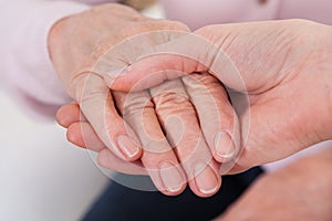 Young woman holding senior woman's hand