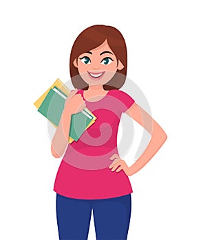 Young woman holding/showing books. Student holding books in hand. Human emotion and body language concept illustration in vector