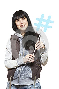 Young woman holding a social media sign smiling