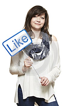 Young woman holding a social media sign smiling