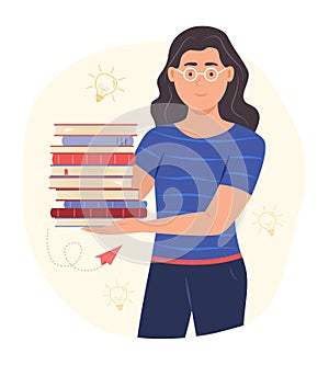 Young Woman Holding Stack of Books for Reading and Education Concept Illustration