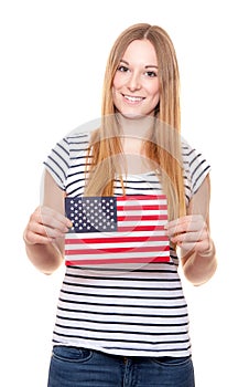 Young woman holding US flag