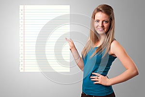 Young woman holding white paper copy space with diagonal lines