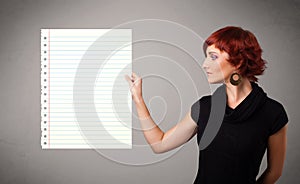 Young woman holding white paper copy space with diagonal lines