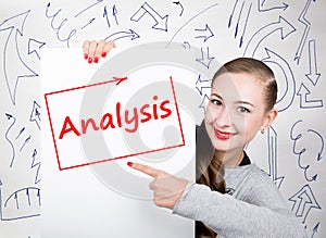 Young woman holding whiteboard with writing word: analysis. Technology, internet, business and marketing.