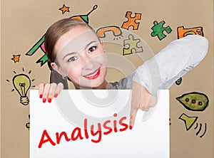 Young woman holding whiteboard with writing word: analysis. Technology, internet, business and marketing.