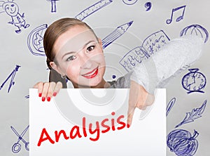 Young woman holding whiteboard with writing word: analysis. Technology, internet, business and marketing.
