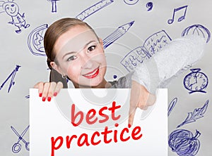 Young woman holding whiteboard with writing word: best practice. Technology, internet, business and marketing.