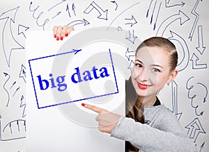 Young woman holding whiteboard with writing word: big data. Technology, internet, business and marketing.