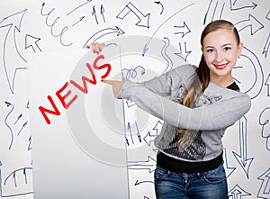 Young woman holding whiteboard with writing word: news. Technology, internet, business and marketing.