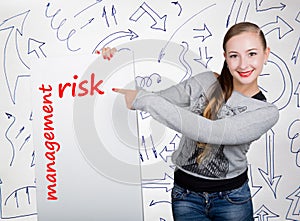 Young woman holding whiteboard with writing word: risk management. Technology, internet, business and marketing.