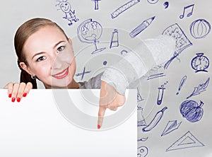 Young woman holding whiteboard with writing word: white form. Technology, internet, business and marketing.