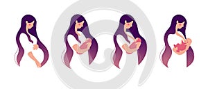 A young woman holds a baby in her arms and breastfeeds. Set for animation about breastfeeding. Flat cartoon design. Vector