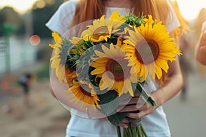 Young woman holds a bouquet of sunflowers. Generative AI