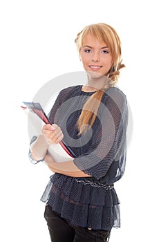 Young woman holds in hands folders and documents