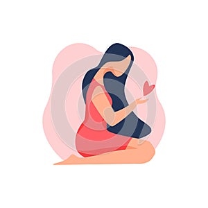 Young woman holds a heart in her hands. Romantic character. Vector illustration in flat style