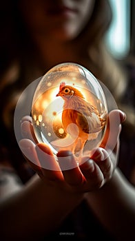 A young woman holds in her hand a transparent glass egg with a chick inside. Easter concept.