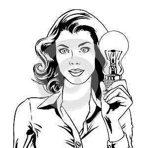 Young woman holds light bulb in her hand. Idea!Task and its successful solution concept, vector illustration