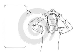 Young woman holds open book over her head like roof over house, looks straight, smiles and talking with speech bubble