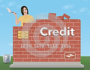 A young woman holds a trowel and mortar as she rebuilds a brick credit card