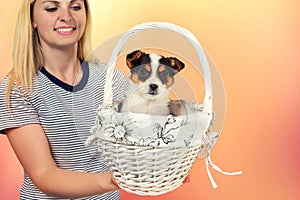 A young woman holds a wicker basket with a small puppy