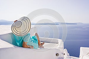 Young woman on holidays, Santorini Oia town