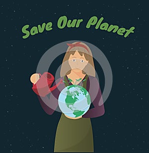 A young woman holing thw planet Earth in her hands, save our planet concept, environment protection concept, flat vector