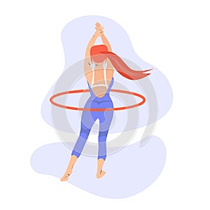 Young woman with hoola hoop illustration in flat style. Woman twirling hula hoop in vector