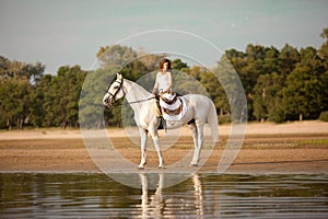 Young woman on a horse. Horseback rider, woman riding horse on b