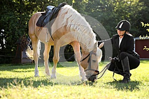 Young woman in horse riding suit and her beautiful pet outdoors on sunny day