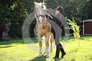 Young woman in horse riding suit and her beautiful pet outdoors on sunny day