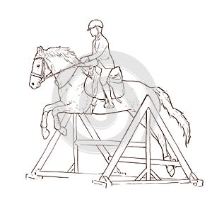 Young woman horseback riding hand drawn illustration. Horse jumping children sports vector outline drawing