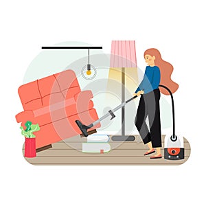 Young woman cleaning living room with vacuum and floor cleaner, flat vector illustration. Home cleaning services.