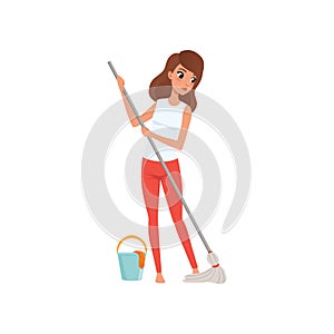 Young woman housewife cleaning the floor with a mop and a bucket of water, people activity, daily routine vector