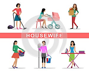 Young woman housewife set doing housework vector illustration