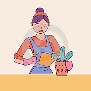 Young woman housewife watering houseplants from watering can on table. Gardener caring for indoor plants, of home garden. Hobby.