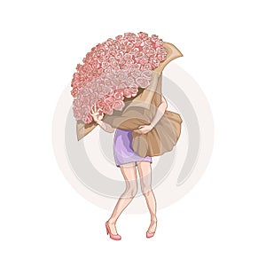 Young woman with huge bouquet of roses showing that she is Ok