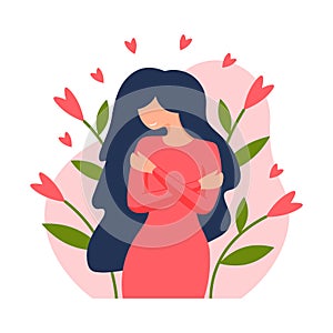 Young woman hugging herself. Love yourself. Self love concept. Love your body concept. Vector illustration in flat style