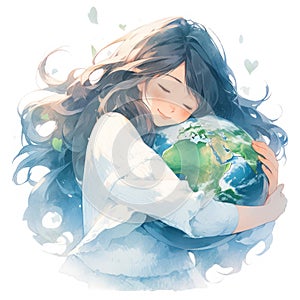 A young woman hugging planet Earth
