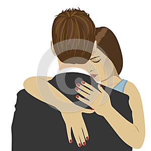 Young woman hugs the man with sad expression