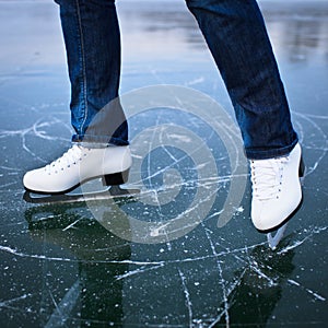 Young woman ice skating outdoors on a pond