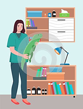 A young woman with iguana. Veterinary care flat illustration. Veterinarian wooman holding big lizard