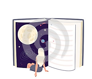 Young woman immersion to the book universe. Girl sits with her legs plunged into the space. Reading concept, literature