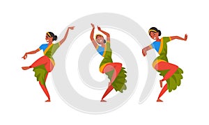Young Woman Indian Dancer with Bindi in Traditional Clothes Performing Folk Dance Vector Set