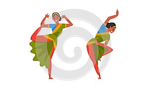 Young Woman Indian Dancer with Bindi in Traditional Clothes Performing Folk Dance Vector Set