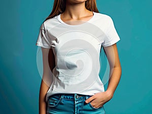 A young woman in jeans and white t - shirt