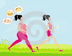 Young woman jogging,fat girl and skinny