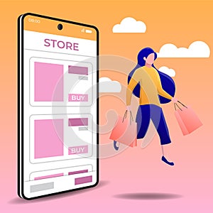 Young woman jump with shopping bag, shopping online on mobile phone vector illustration flat style