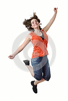 young woman jumping in the air on white background girl with hair that flies